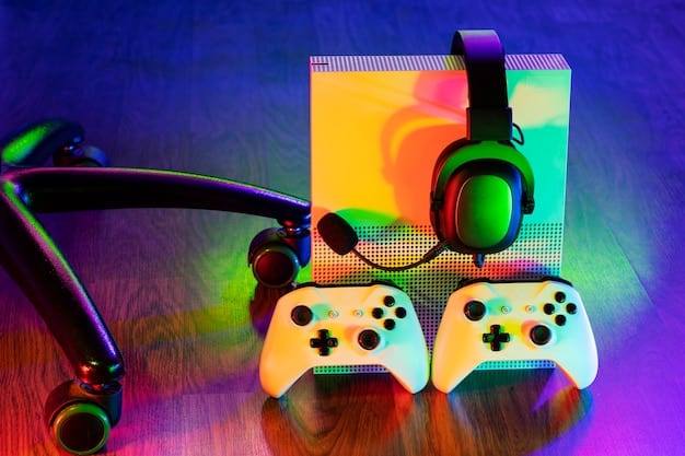A gaming headset with a prominent 5G logo on the earcup, indicating next-gen connectivity, resting on a neon-lit gaming desk with a computer displaying a competitive esports match.