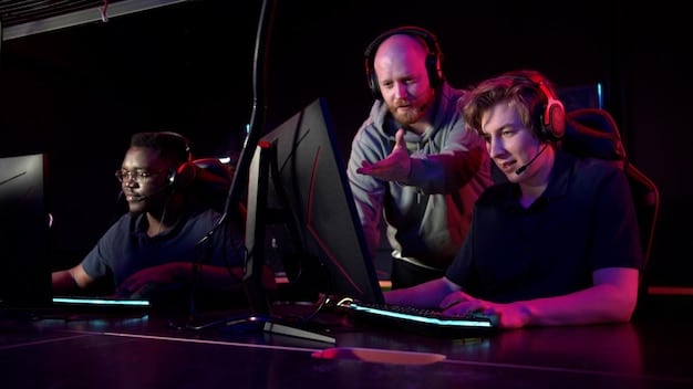 A diverse group of esports players and coaches engaged in a focused team discussion, depicting collaboration and strategic planning within a professional esports setup.