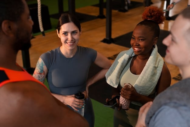 A diverse group of esports players in a team huddle, smiling and engaged, with a coach or therapist leading a discussion, representing community support and positive team dynamics.