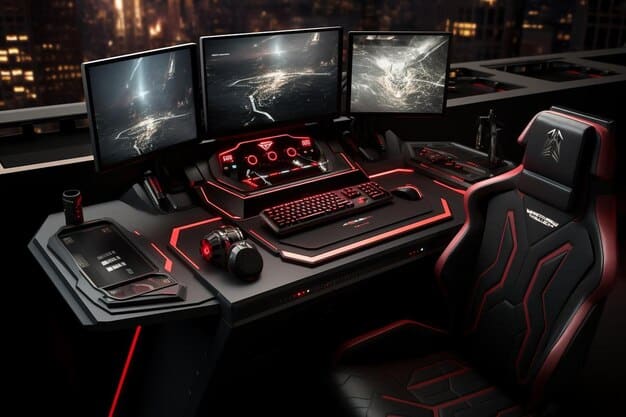 A sleek, professional gaming setup featuring a high-end esports monitor at the center, surrounded by gaming peripherals, conveying a sense of precision and advanced technology.