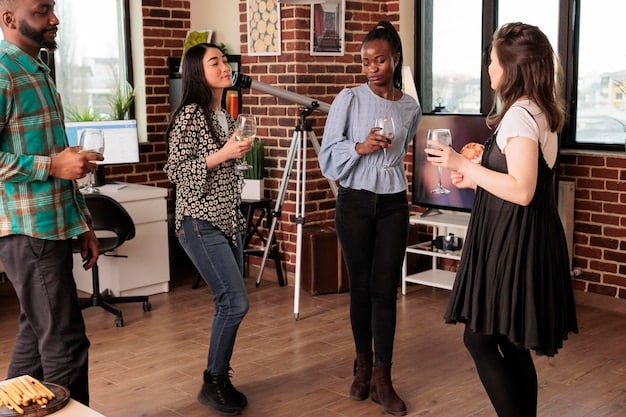 A group of diverse people gathered around microphones in a podcast studio, animatedly discussing something with excitement. The backdrop includes posters of Arcane and related artwork, symbolizing a vibrant and inclusive community focused on the show.