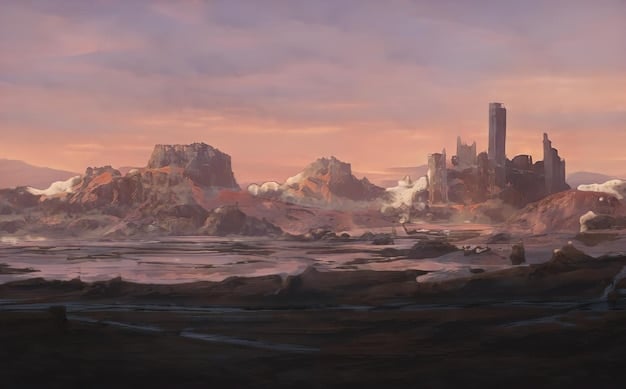 A wide shot of the game world , showing a vast landscape with towering structures and intricate environmental details. The lighting is soft and atmospheric, creating a visually stunning and immersive scene. The overall aesthetic is fantasy-inspired, with elements of both realism and artistic flair.