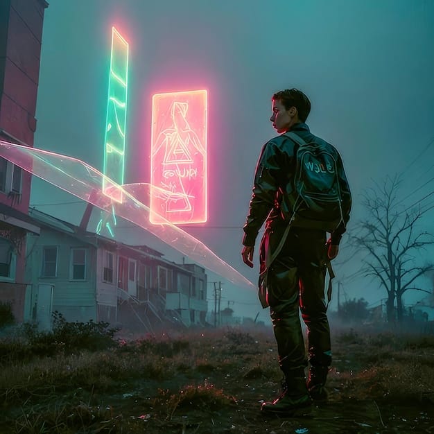 A screenshot of V engaging in a futuristic gunfight in a narrow alleyway of Night City. Neon signs cast colorful shadows on the scene, and sparks fly as bullets ricochet off metal surfaces. The UI shows V's health and ammo levels, along with enemy positions.