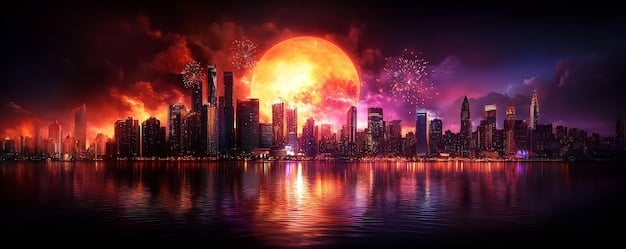 A panoramic view of Night City at sunset, showcasing its towering skyscrapers, neon lights, and flying vehicles. The sky is ablaze with vibrant colors, and the atmosphere is thick with smog and technological decay. The image captures the essence of the cyberpunk genre.