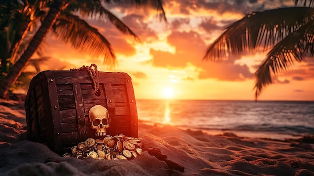 A Sea of Thieves in-game scene of a treasure chest being dug up on a sandy beach at sunset. The scene encapsulates the excitement of discovering loot and rewards.