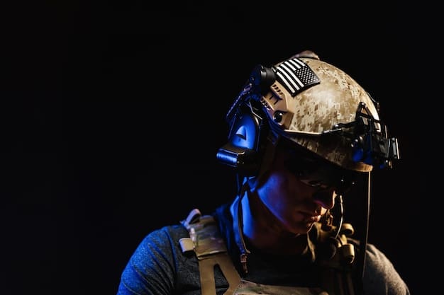 A close-up shot of a SWAT officer's helmet and gear, emphasizing the high level of detail in Ready or Not's character models and textures. The image should be well-lit to showcase the textures and details.