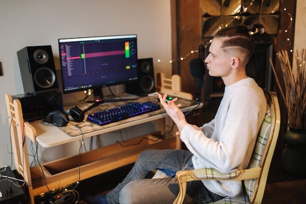 An image depicting a music composer working on a game soundtrack, using a digital audio workstation (DAW) with various sound waveforms and audio plugins visible on the screen. The scene highlights the creative process behind crafting original music for games.