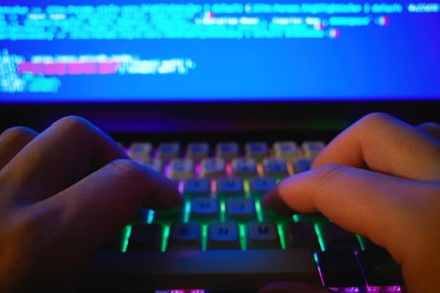 A close-up of a game developer's hands typing code on a keyboard. The screen in the background displays lines of code with highlighted errors and debugging tools. The developer is focused on the screen, with an expression of concentration. The lighting is soft and emphasizes the developer's hands and the code on the screen. The text 
