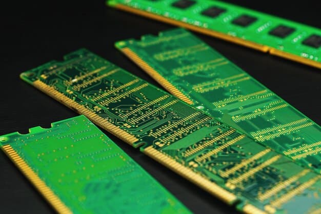 A close-up of DDR5 RAM modules installed on a motherboard, emphasizing the high-speed data transfer capabilities and compatibility with newer chipsets. Show the labels on the RAM modules and the motherboard slots.
