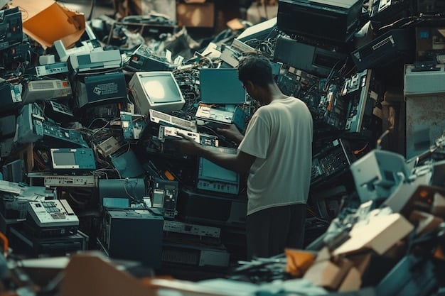 A shot of a person carefully sorting various e-waste items, including old computer components, into designated recycling bins. The scene emphasizes the importance of responsible disposal of electronic waste and highlights the environmental awareness associated with hardware upgrades. Bins are labeled with the universal recycling symbol and different categories of e-waste The Hidden Costs of Upgrading: Avoiding Common Pitfalls and Unexpected Expenses.