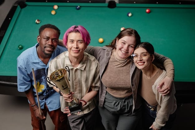 A diverse group of college esports athletes celebrating a victory, holding a trophy, with university banners in the background, visually representing the team spirit and competitive environment in which esports scholarships thrive across Esports Scholarships in the US: A Comprehensive Guide to Securing Funding for Your Gaming Dreams in 2025.