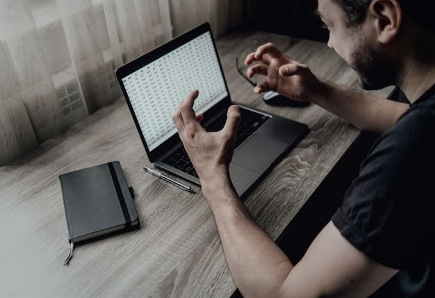 A zoomed-in shot of a person meticulously analyzing esports viewership data on a laptop. The screen displays graphs and charts showing the popularity of different games and tournaments. The background is a blurred image of an esports arena.
