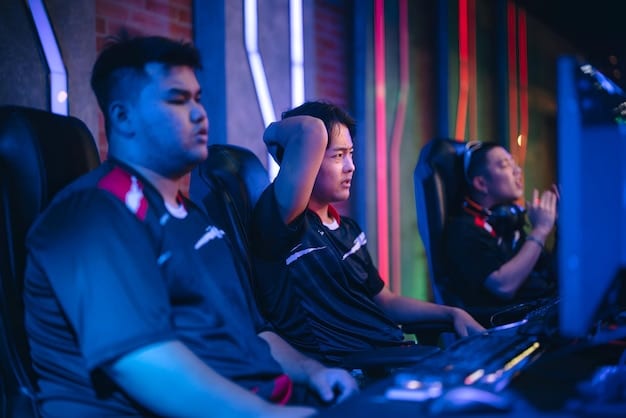 A focused esports coach in a darkened room, surrounded by team members. The coach is gesturing at a screen displaying advanced game analytics and strategic overlays. The team members are intently listening, showing a sense of trust and dedication to the coach's guidance. The image represents a pivotal moment in Esports Coaching: The Ultimate Guide to Improving Your Team's Performance by 20% in 2025, highlighting the analytical rigor and leadership required for success.