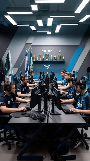 An esports event manager backstage at a major tournament, coordinating with the production team and venue staff. The manager is holding a headset and looking at a monitor displaying the live broadcast, showcasing the high-pressure environment of Esports Careers Beyond Gaming: Exploring Alternative Roles in the Industry with Salaries Over $75,000.