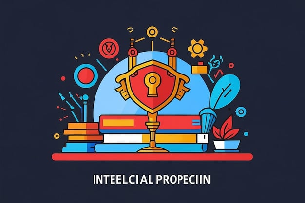 A stylized graphic illustrating various types of intellectual property (copyright, trademarks, patents) associated with esports, like a game logo, a character design, and a team emblem, emphasizing the wide reach of intellectual property law within Esports Law: Understanding the Legal Landscape of Competitive Gaming in the US.