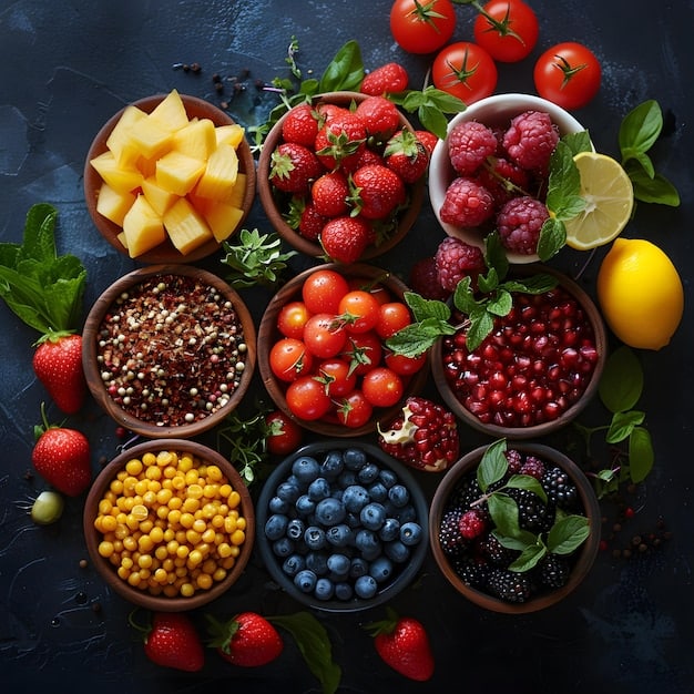 A close-up of a variety of colorful and nutritious foods such as berries, nuts, and leafy green vegetables, arranged to highlight their health benefits for esports players. The lighting is bright and natural, emphasizing the freshness and vitality these foods provide as part of a customized diet.