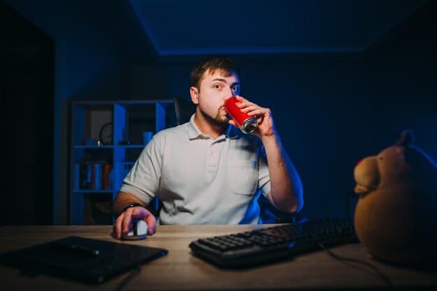 An esports player reaching for a glass of water during a gaming session, with a focus on the importance of staying hydrated for maintaining concentration and reaction time. The scene is set in a modern gaming environment with blue lighting to enhance the focus.