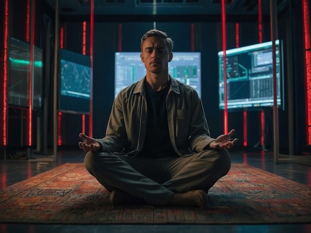 An esports player meditating in a quiet room, practicing mindfulness and focus. This image represents the importance of mental training and building a champion mindset as part of Esports Training: How to Develop a Structured Practice Routine to Improve Your Skills by 30%.