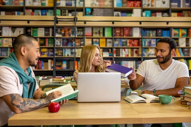 A group of students sitting in a library, working on laptops and textbooks. They appear focused and collaborative. The scene represents a dedicated study environment supporting a balance between esports and education.