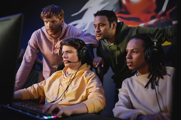 A group of gamers collaborating on a game strategy during an esports event, showcasing teamwork and communication, which are essential aspects of connecting and networking within an Esports Community: How to Connect with Other Gamers and Build a Supportive Network.