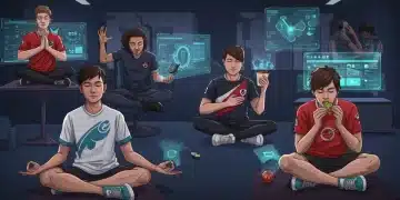 Esports athletes practicing wellness: meditation, stretching, healthy eating in a futuristic gaming setting.