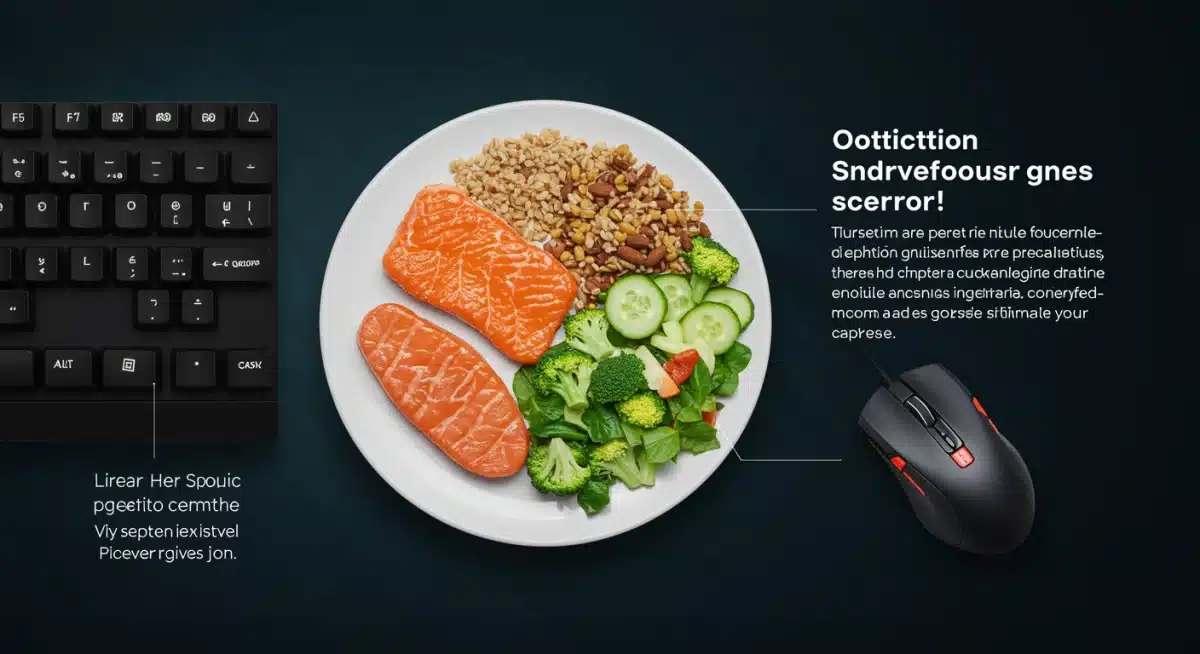 Balanced nutrition for esports: healthy meal next to gaming gear, emphasizing cognitive and energy support.