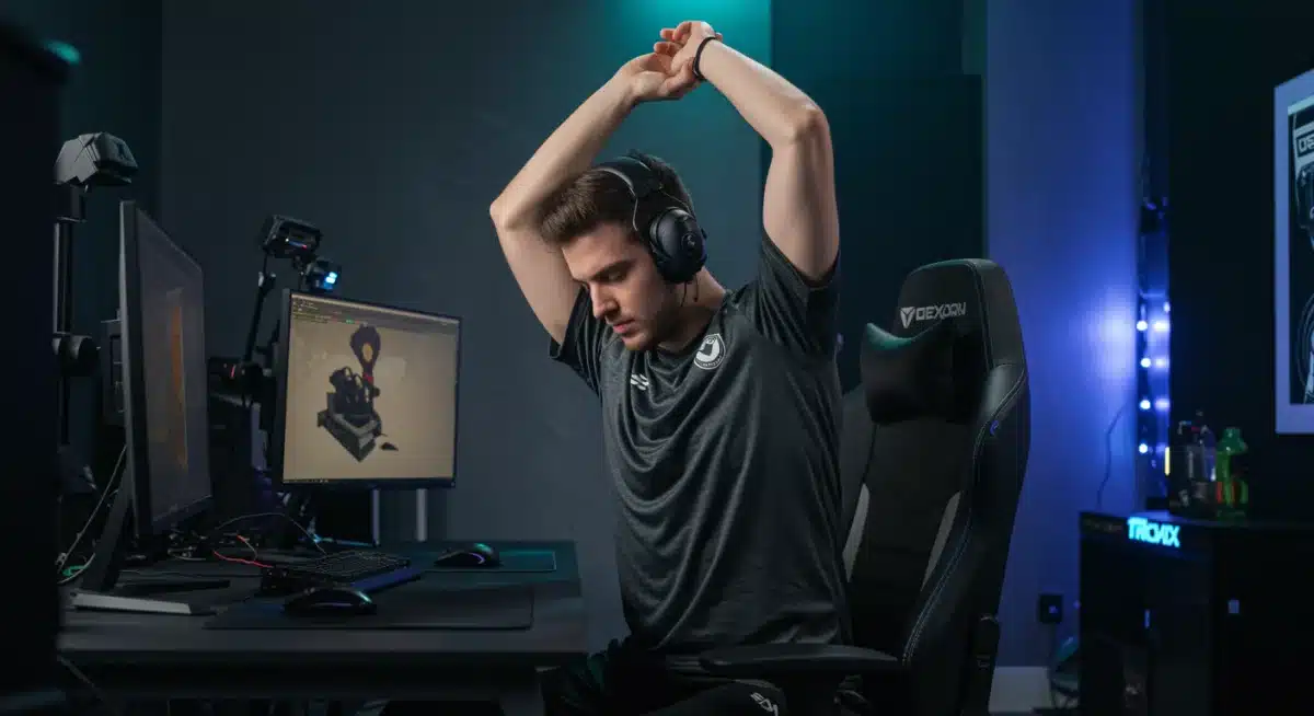 Esports player stretching at ergonomic gaming setup to prevent injury and promote physical wellness.
