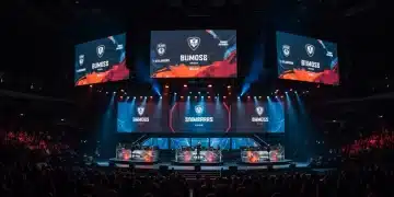 Dynamic esports arena with sponsor logos, highlighting the financial growth in the 2026 sponsorship landscape.