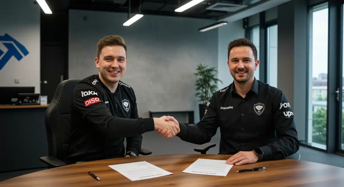 Esports manager and sponsor representative shaking hands, symbolizing successful partnership negotiation.