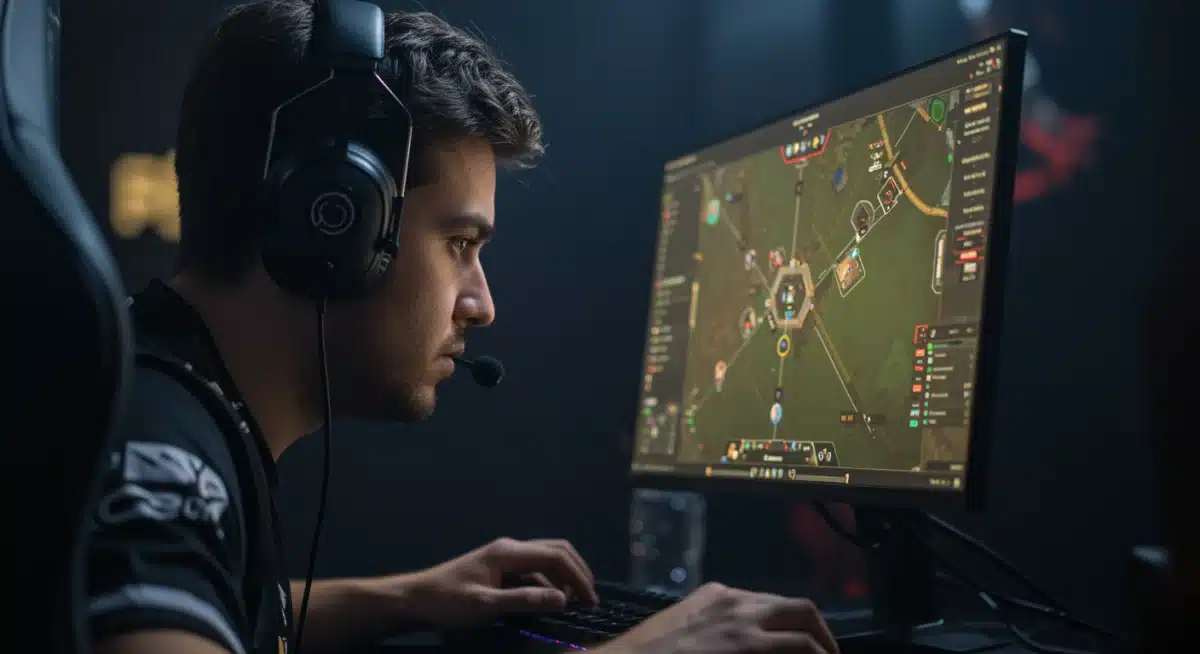 Esports player in intense competitive gameplay during a draft showcase.