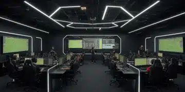 Modern esports training facility with high-tech gaming stations and coaches.