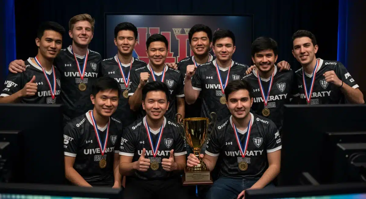 Diverse collegiate esports team celebrating a championship victory with trophies, emphasizing academic and athletic success.