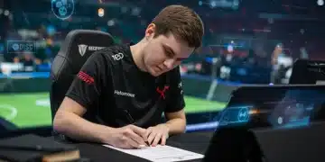Esports pro player signing contract with a pen, legal documents, and digital graphics in the background.