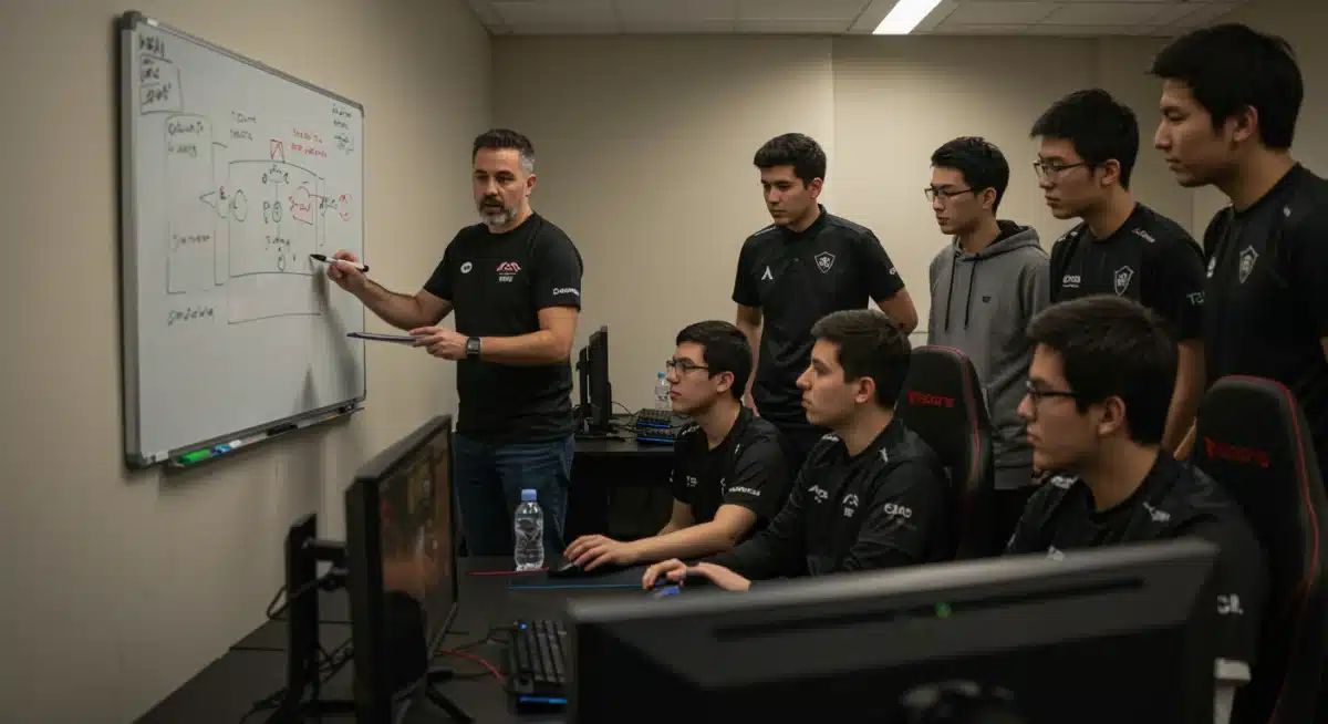 Esports coach guiding players in team communication