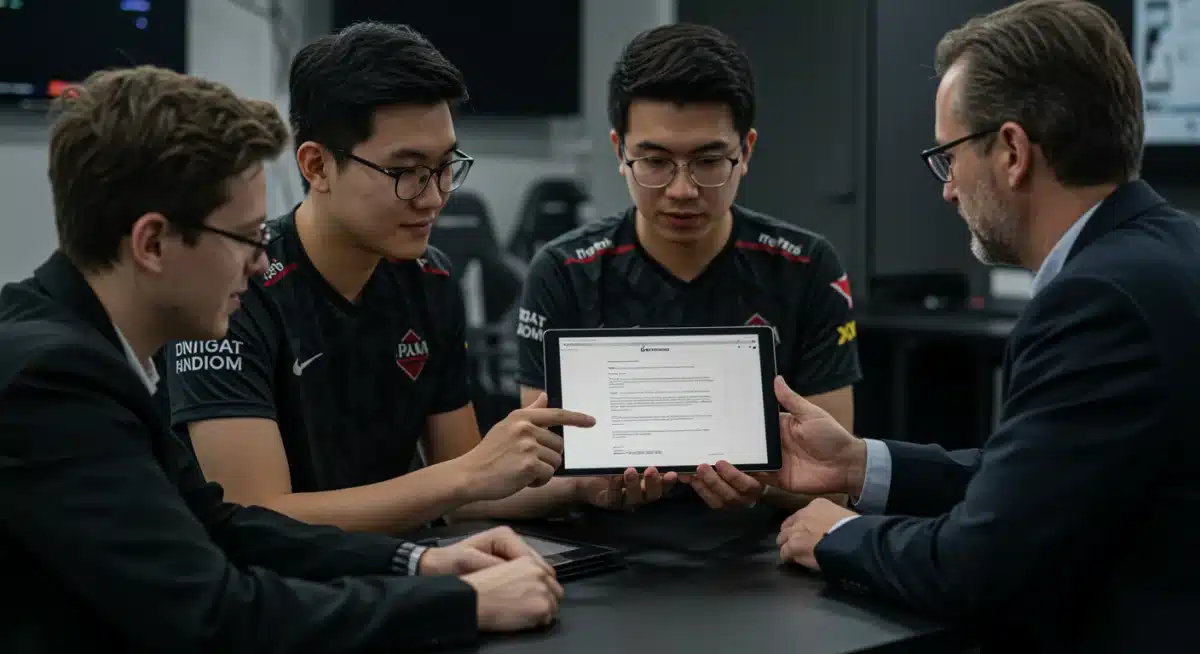 Esports team discussing contract terms with a legal advisor in a modern training facility.