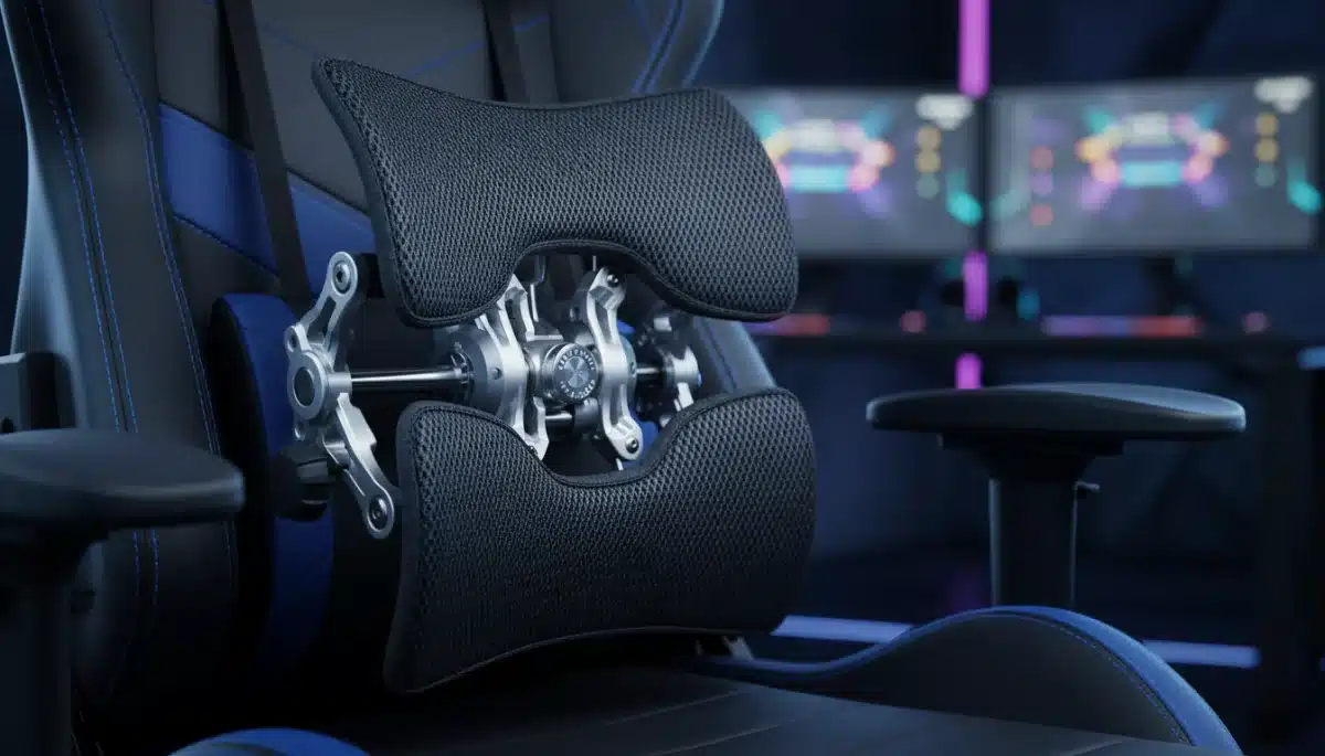 Close-up of advanced adjustable lumbar support on a 2026 gaming chair.