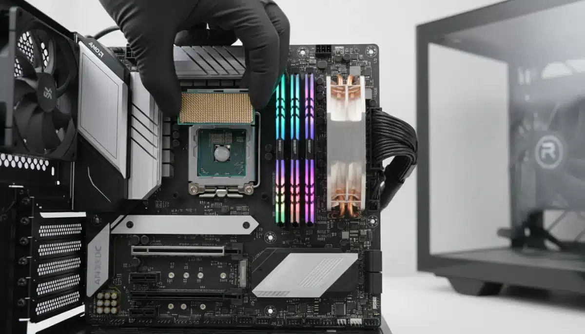 Technician installing a high-performance CPU onto a motherboard during a gaming PC upgrade.