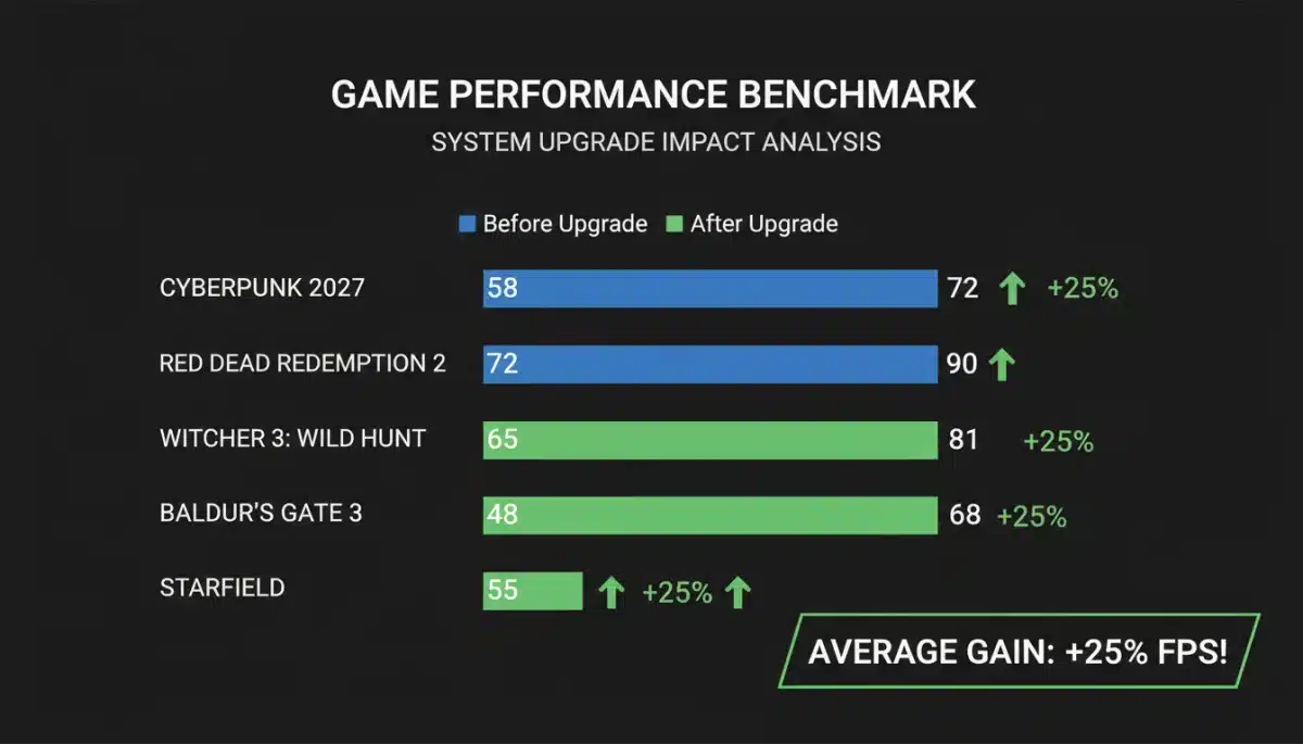 Gaming benchmark results showing a 25% FPS increase after a PC upgrade, with before-and-after comparisons.