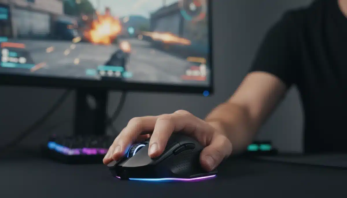 Gamer's hand on ergonomic gaming mouse during gameplay