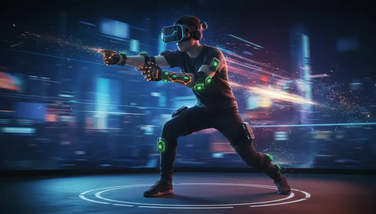 Gamer experiencing smooth, low-latency VR gaming with haptic feedback