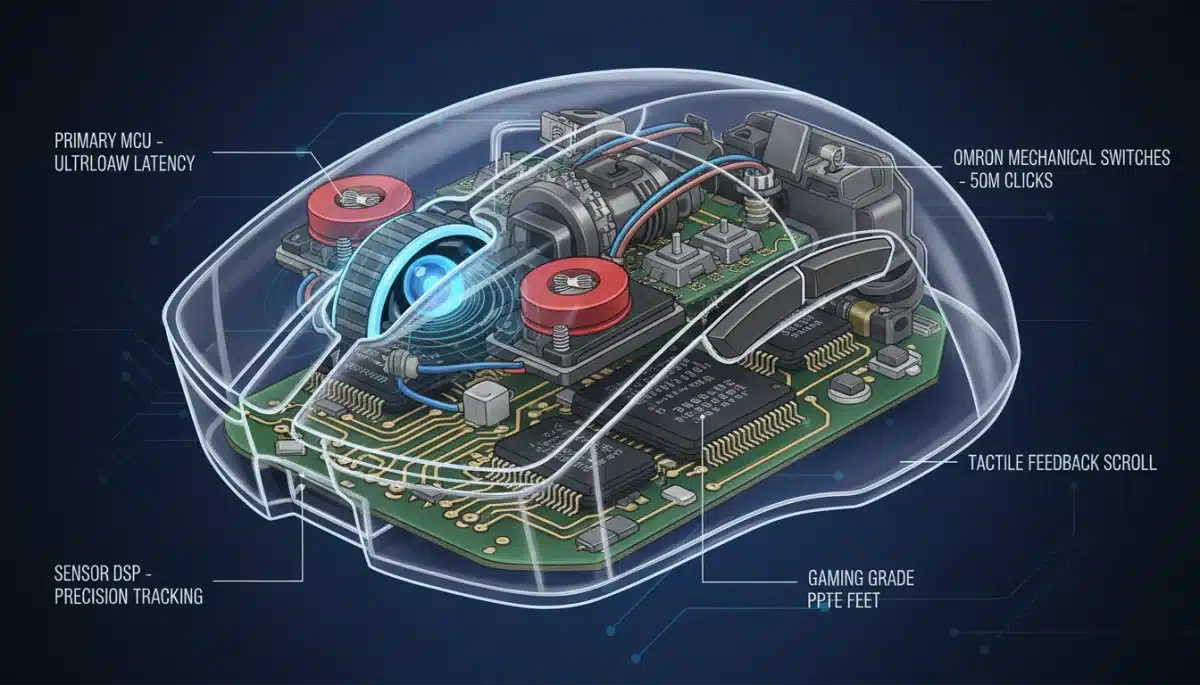 Internal components of a high-performance gaming mouse