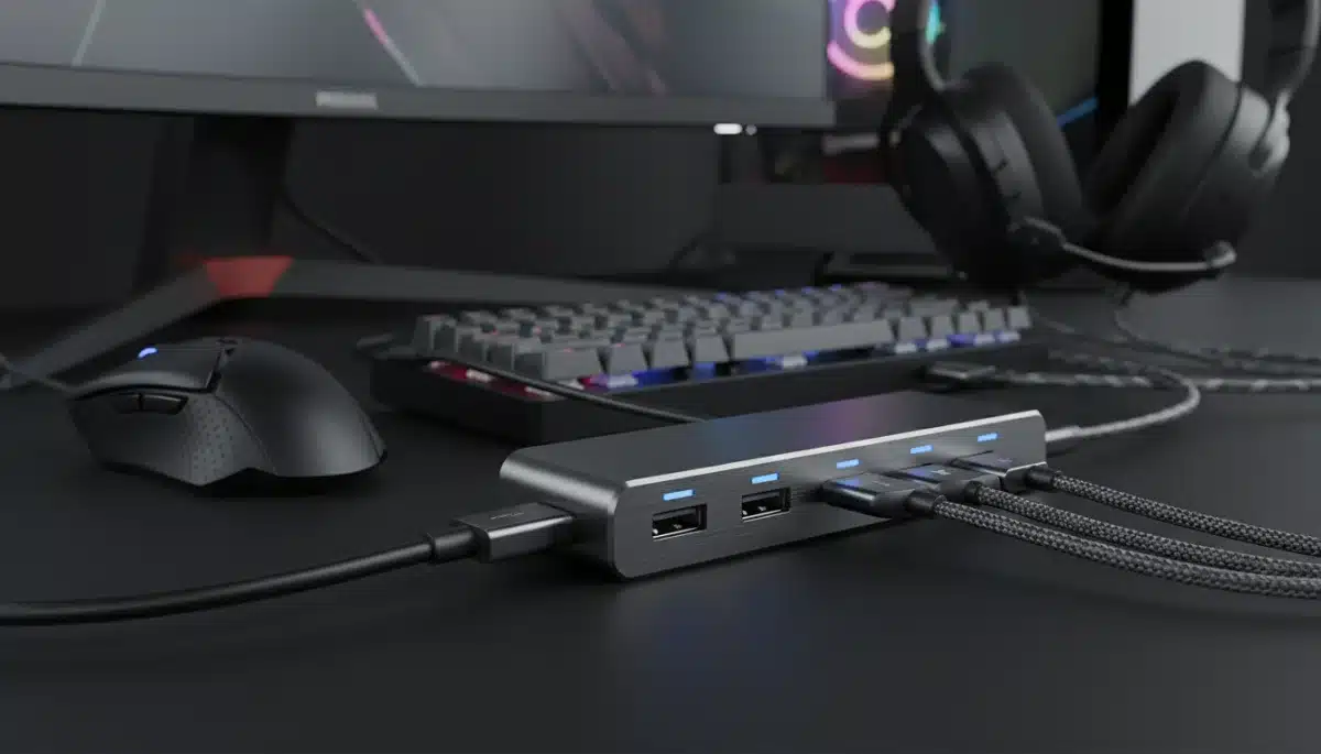 Close-up of a high-speed USB-C hub connected to gaming peripherals, illustrating efficient data transfer and power delivery.