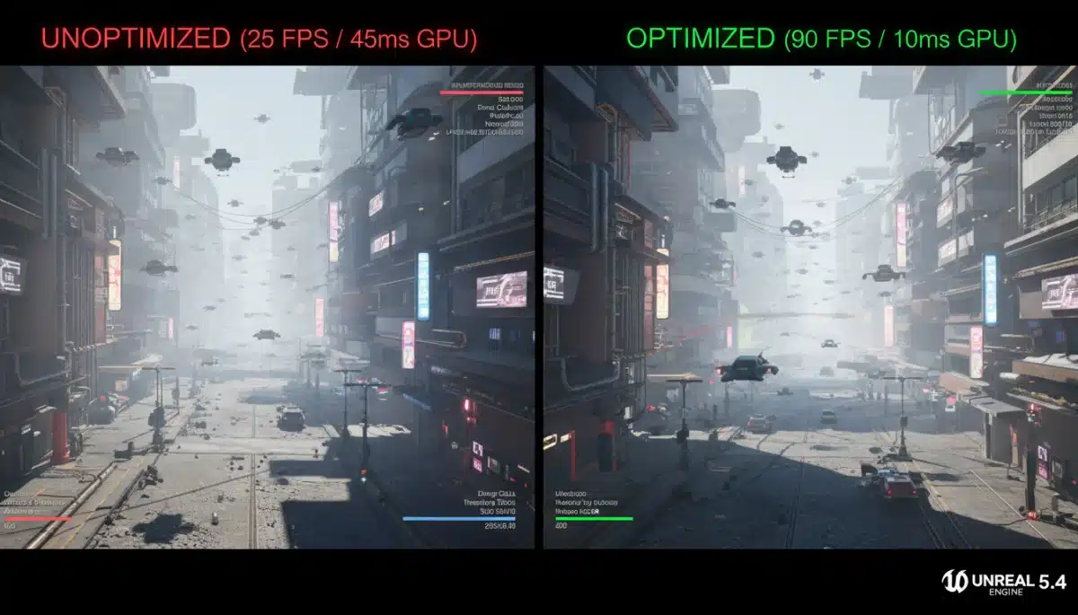 Visual comparison of optimized vs unoptimized Unreal Engine 5.4 game graphics