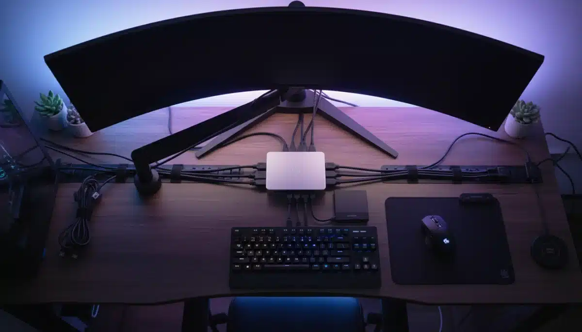 Overhead view of an organized gaming desk with effective cable management facilitated by a central USB hub.