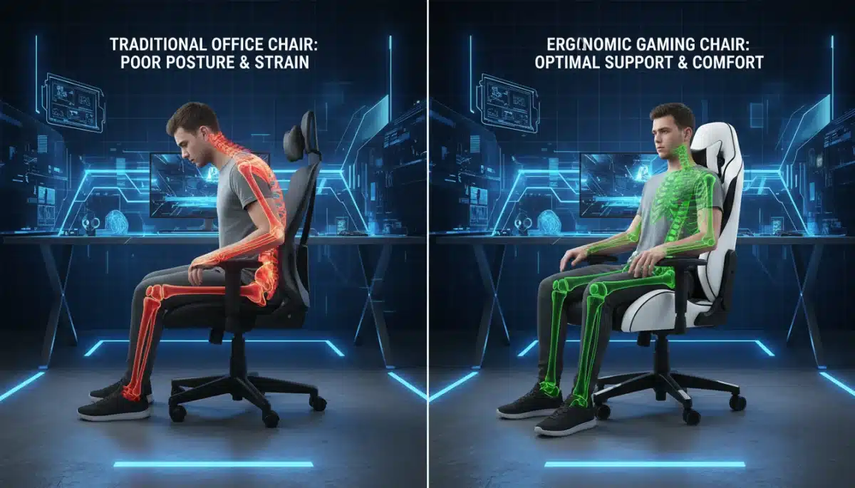 Posture comparison: traditional chair versus ergonomic gaming chair.