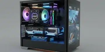 Upgraded gaming PC interior with new GPU and CPU cooler, RGB lighting, and a high-FPS game reflection.