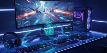 Futuristic gaming setup with Wi-Fi 6E router, highlighting low latency online gaming.