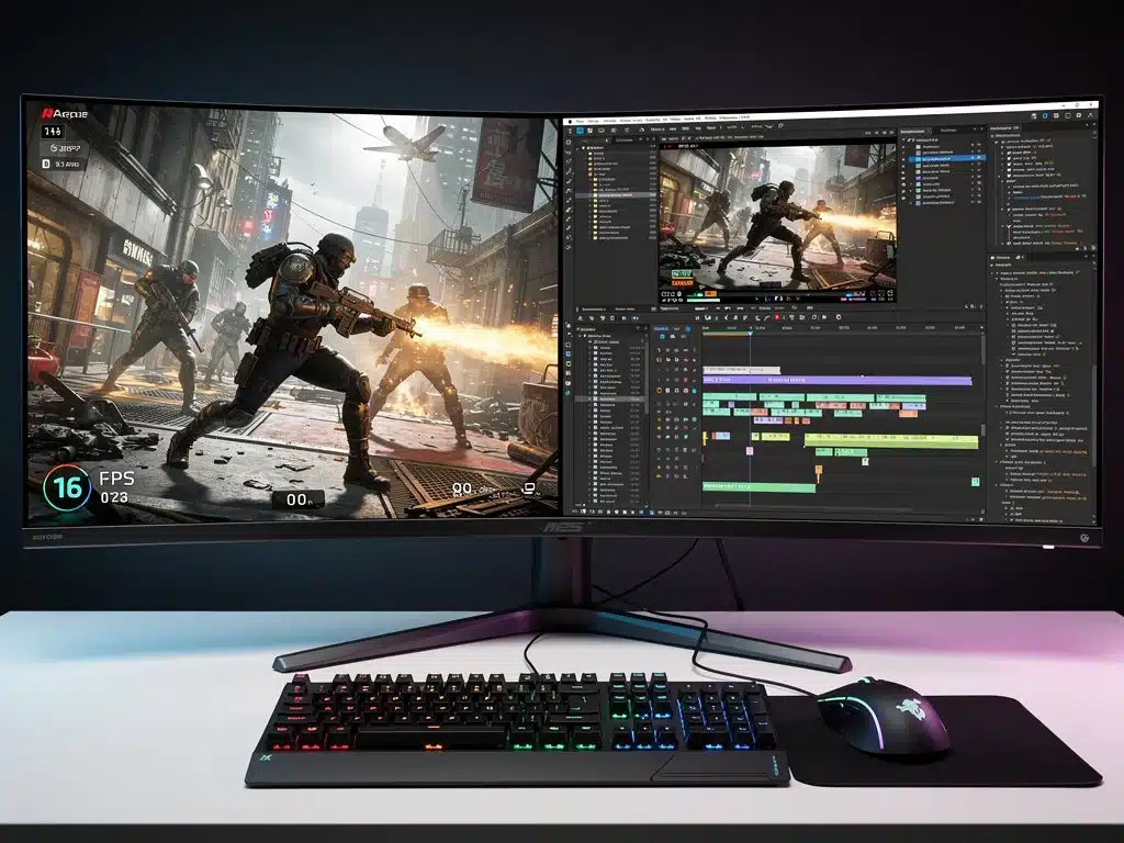 Split screen showing smooth gaming and multiple applications running on a 32GB RAM system.