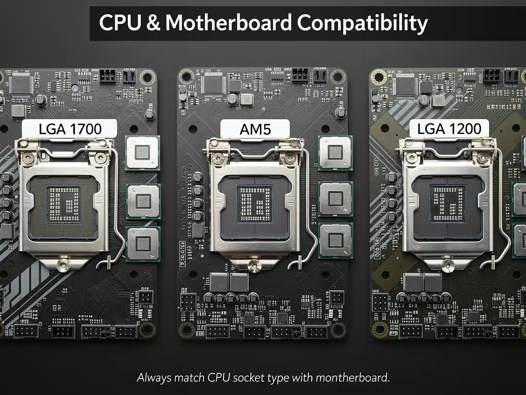 Close-up of different CPU sockets and compatible processors