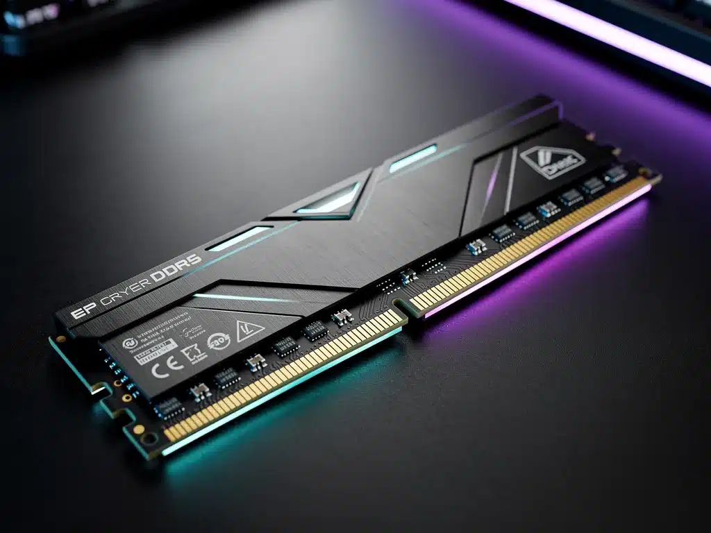 Close-up of a modern DDR5 RAM stick, emphasizing its advanced technology and design.